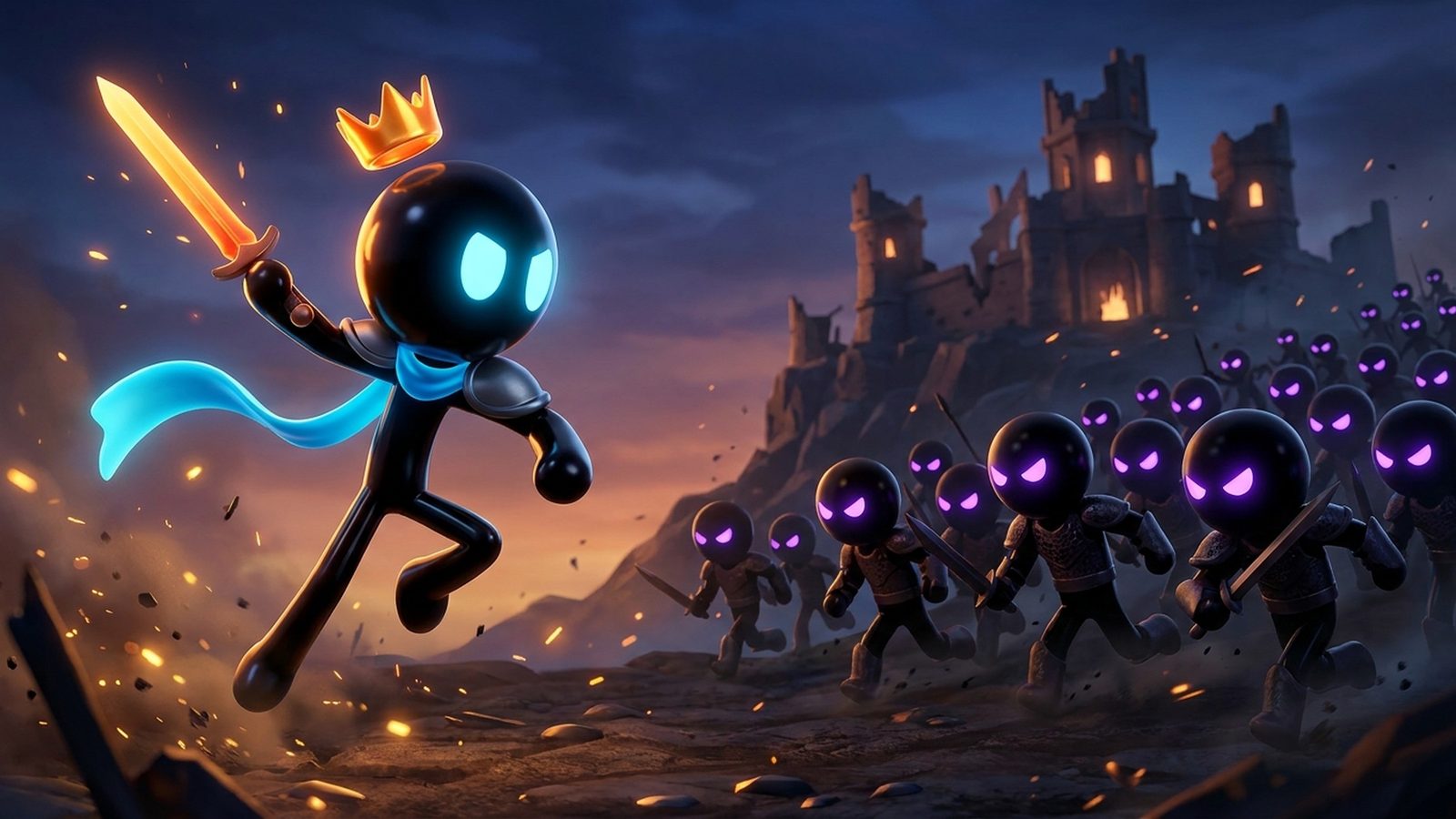 A crowned stickman hero with a glowing sword charges an army of shadow warriors in front of a ruined castle